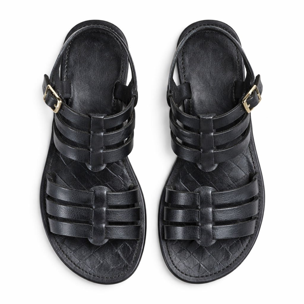 Multi Strap Leather Sandals with Back Buckle     Black