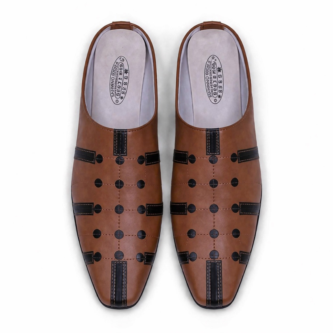 Perforated Dot Pattern Slip On Mule Loafers      Brown and Black