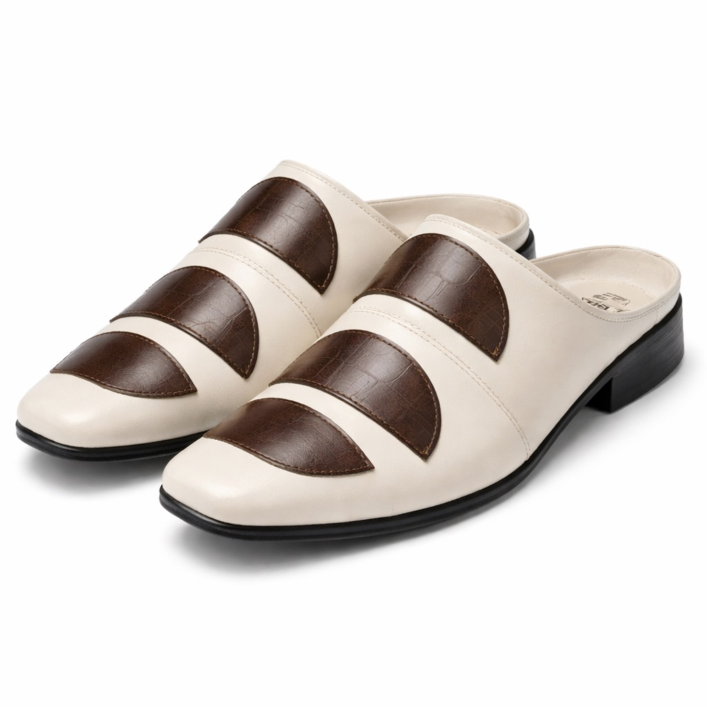 Layered Panel Slip On Mule Loafers      Cream and Chocolate Brown