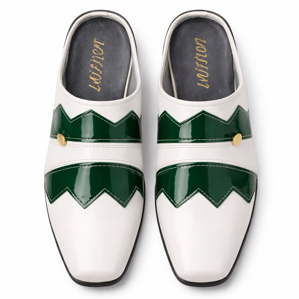 Zigzag Panel Slip On Mule Loafers with Metal Accent       White and Green