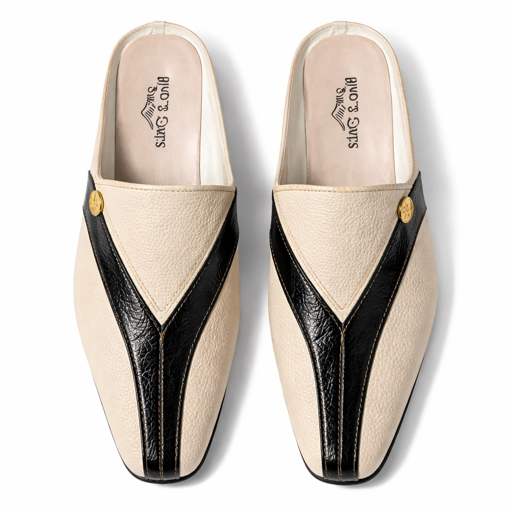V Panel Contrast Slip On Mule Loafers with Metal Accent       Cream and Black