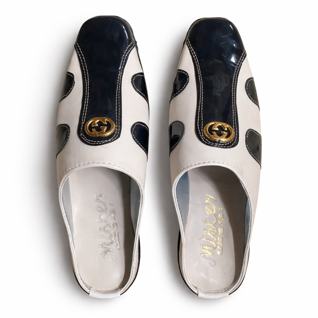 Gloss Panel Contrast Slip On Mule Loafers with Metal Accent       White and Navy