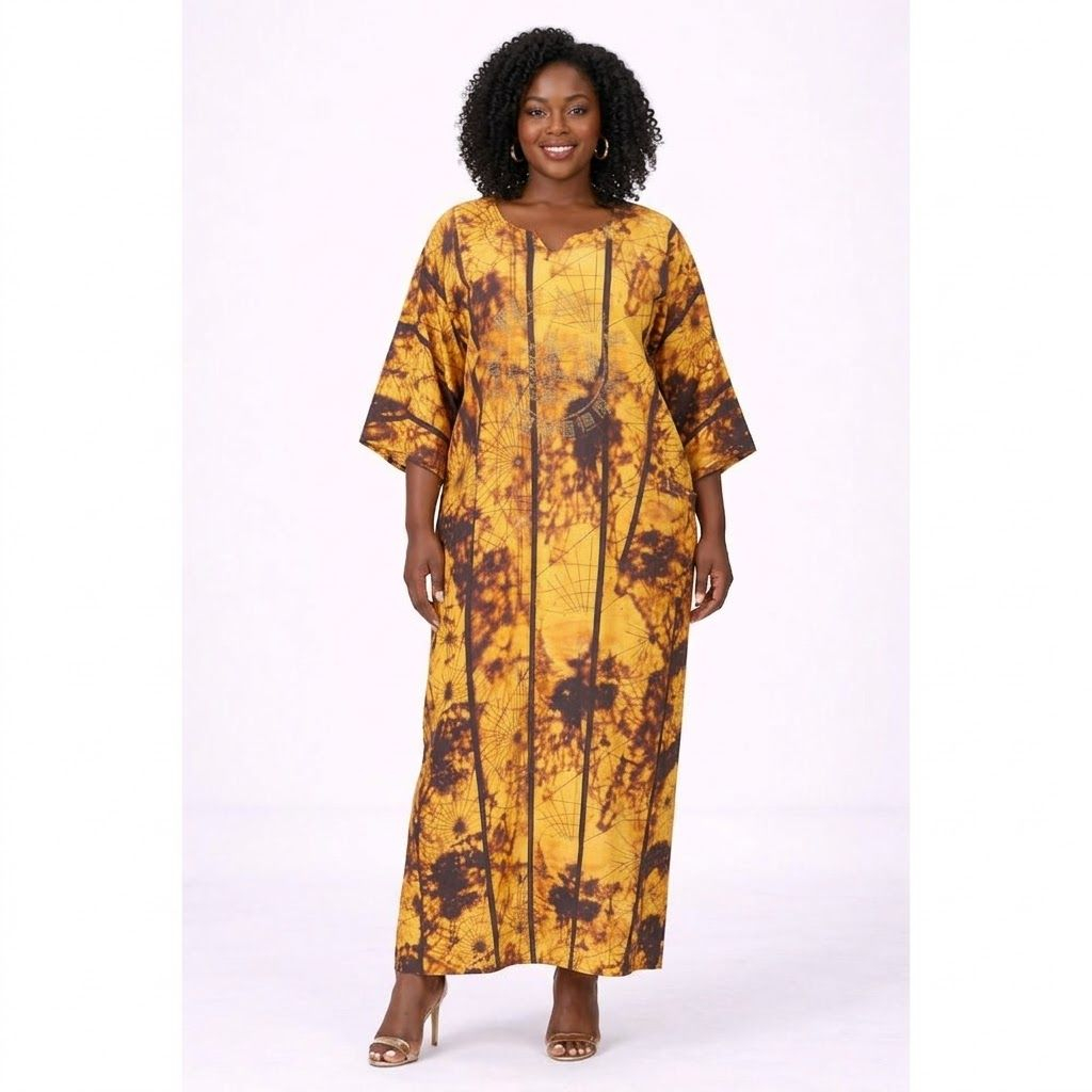 Womens Yellow Patterned Kaftan Dress