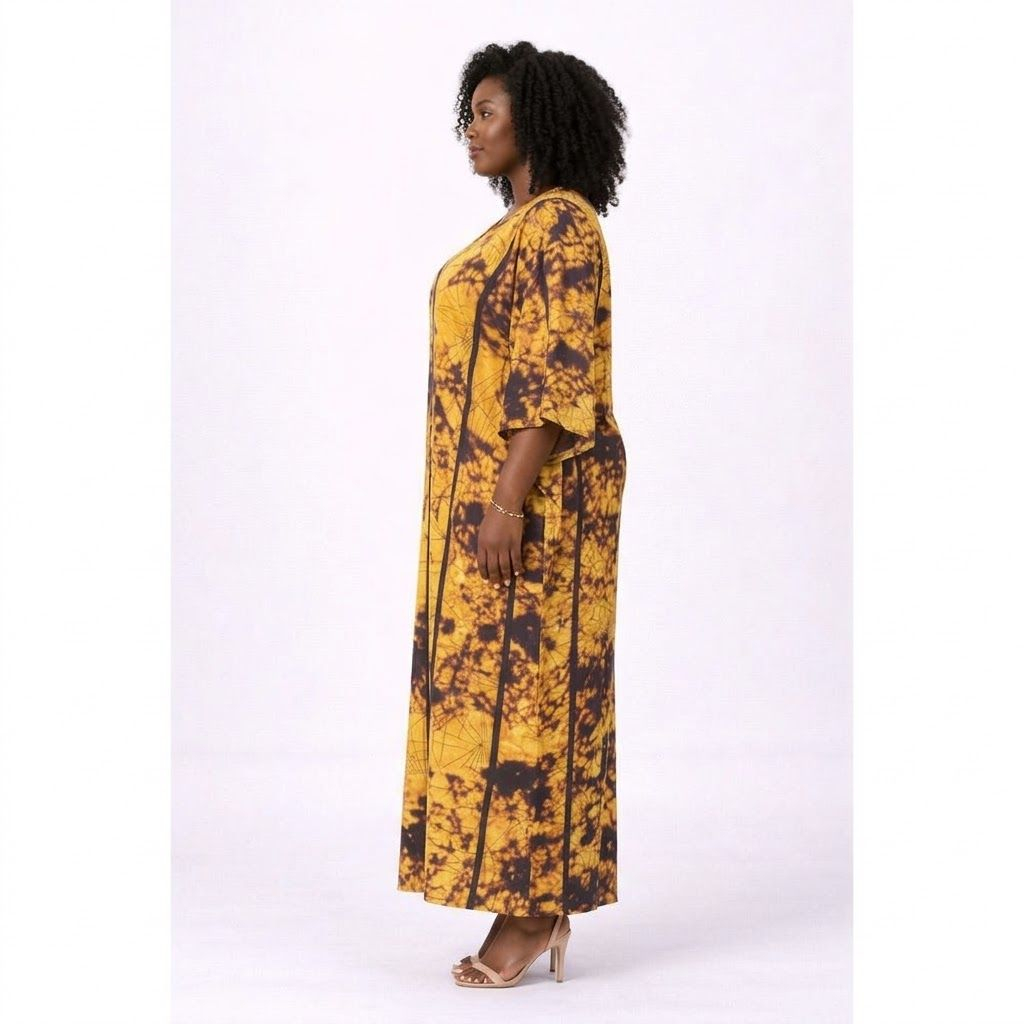 Womens Yellow Patterned Kaftan Dress