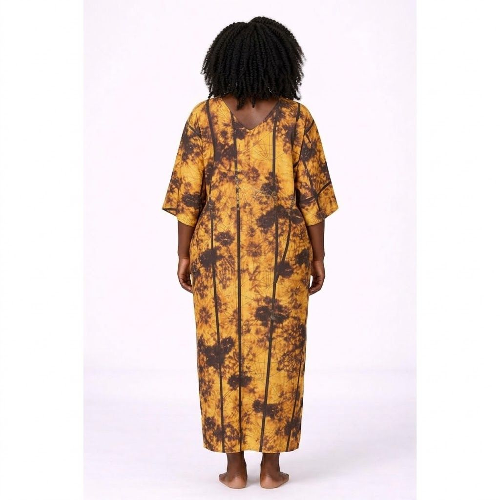 Womens Yellow Patterned Kaftan Dress