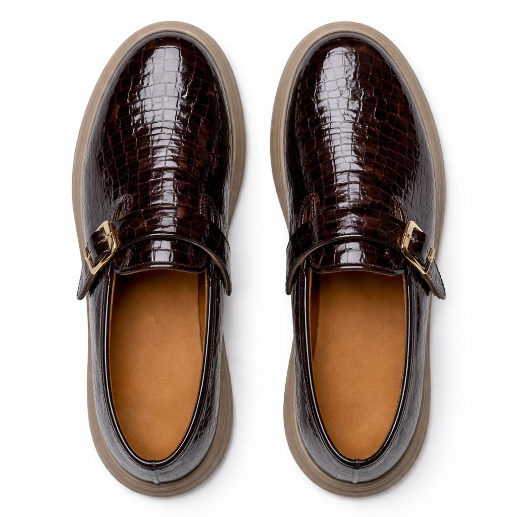 Dark Brown Croc Pattern Leather Loafers