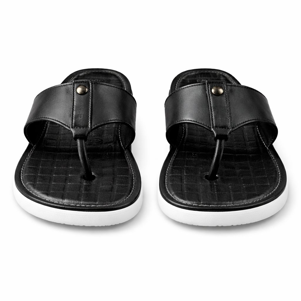Mens Black Leather Slide Sandal  with Wide Strap Design