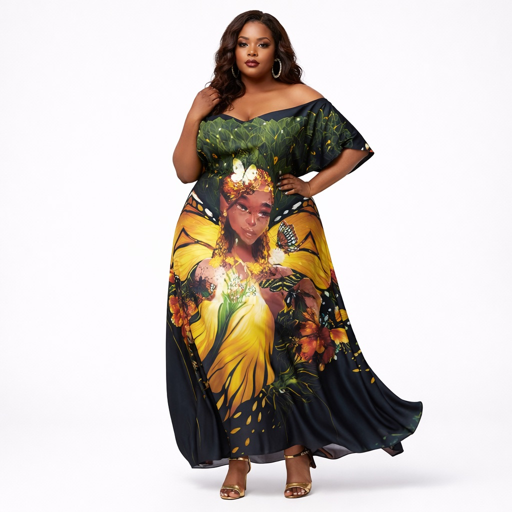 Premium African Queen Portrait with Butterfly Motif vintage fabric