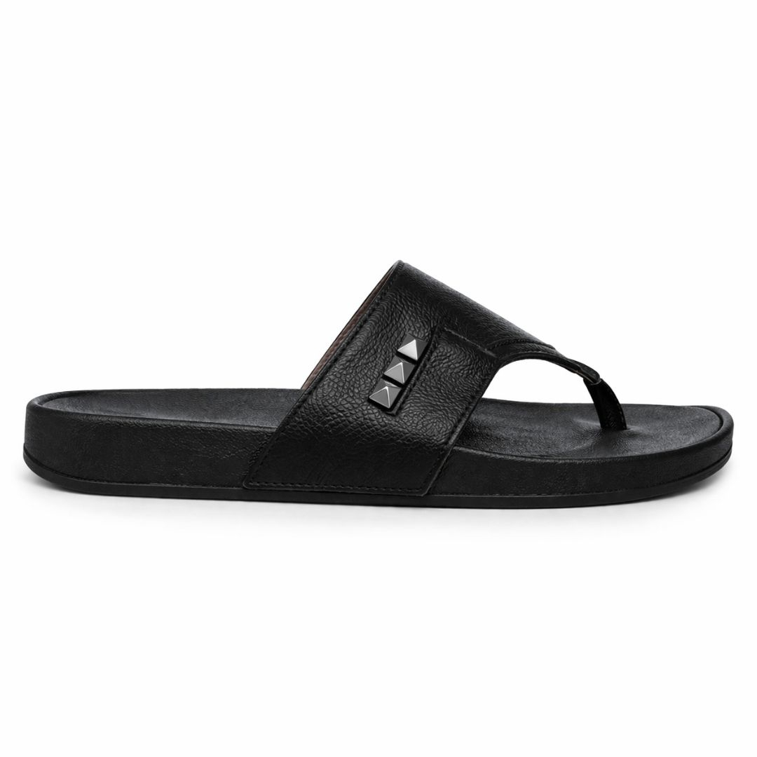 Stylish Black Leather Sandals with Toe Loop and Metallic Studs