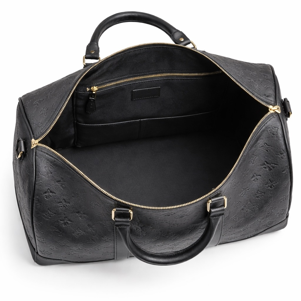 Premium Black Embossed Leather Travel Duffel Bag