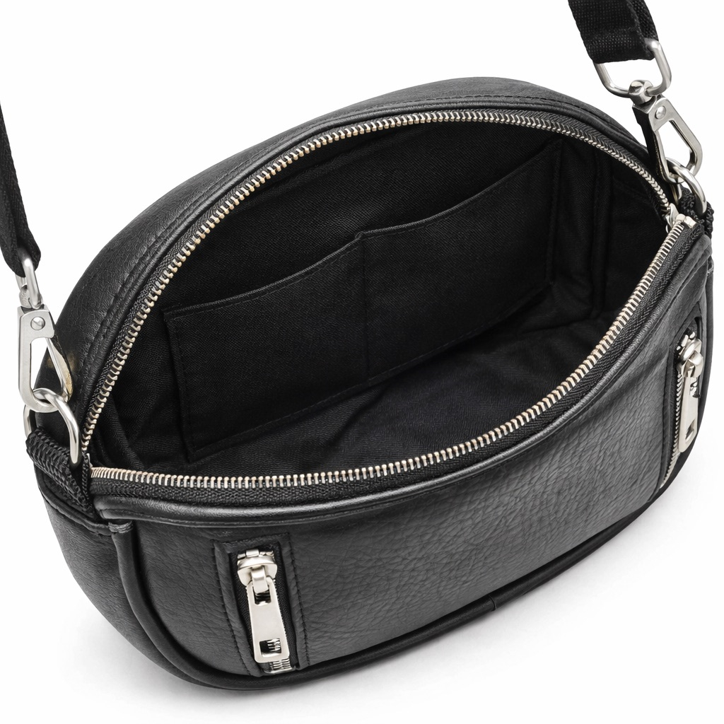 Premium Black Leather Dual Zip Crossbody Bag