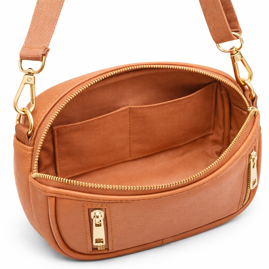 Premium Orange Textured Leather Dual Zip Crossbody Bag