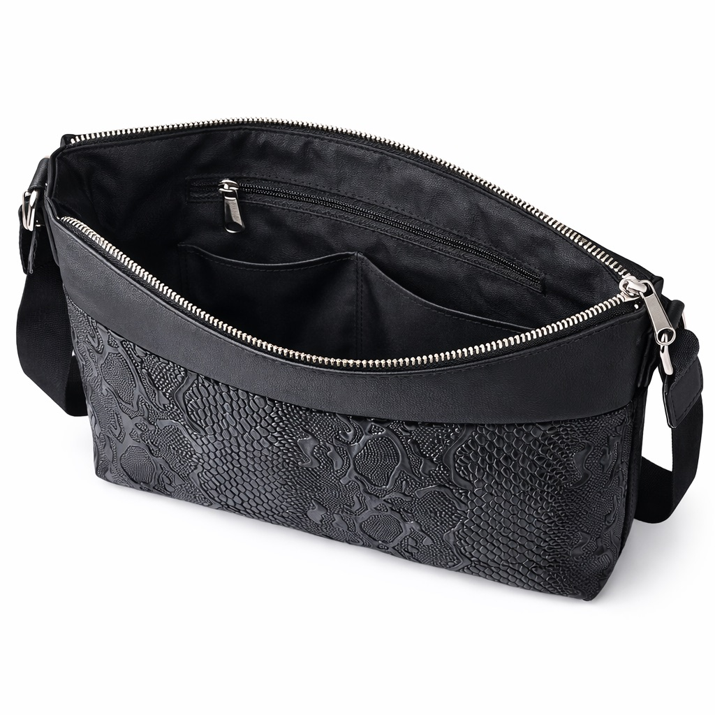 Black Textured Leather Crossbody Shoulder Bag