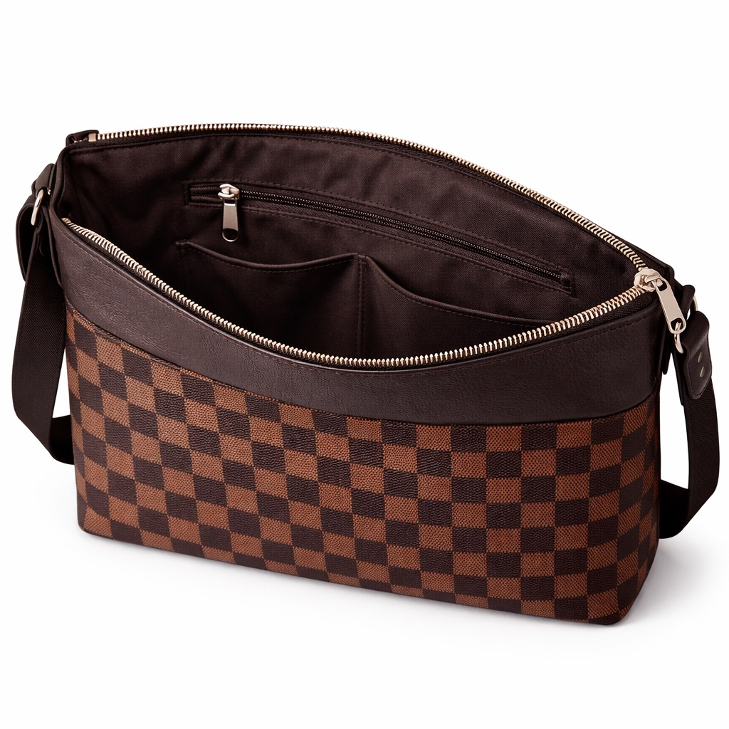 Mens Brown Checkered Leather Crossbody Shoulder Bag