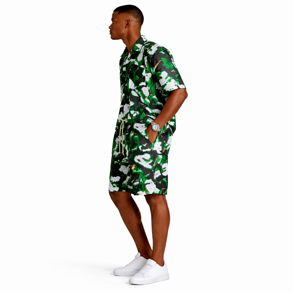 Premium Green Abstract Print Short Sleeve Shirt and Shorts Outfit