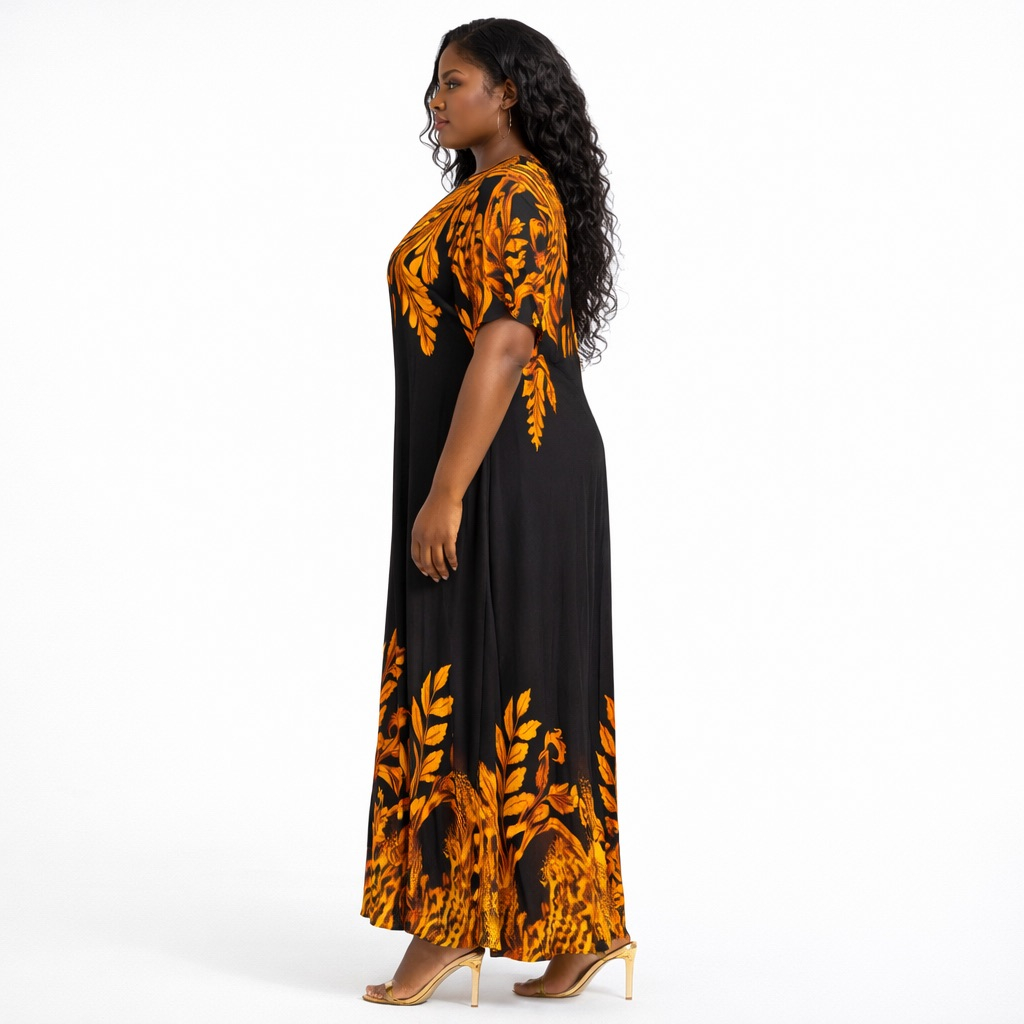 Premium Black Floral Print Midi Dress
