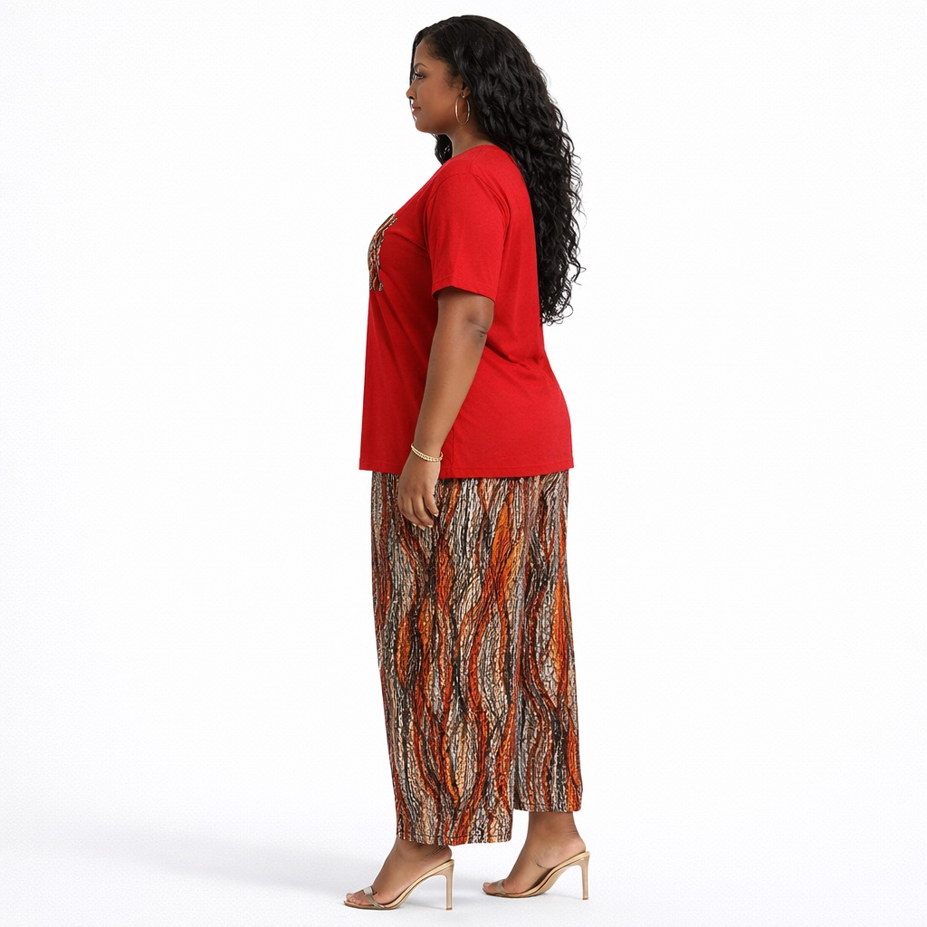 Premium Red Two piece T Shirt and Printed Wide Leg Pants set