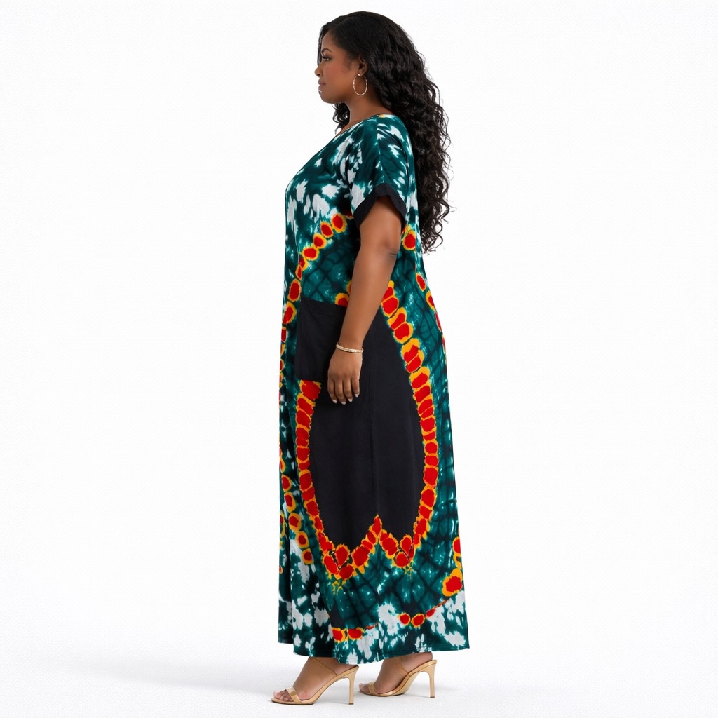 Premium Green front button Tie Dye Maxi Kaftan Dress