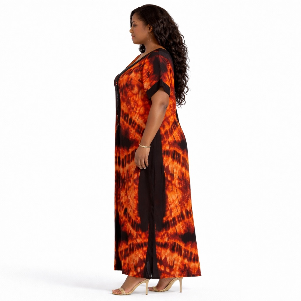 Premium Orange Contrast Panel Free Fit Boubou style Tie Dye Maxi Kaftan Dress