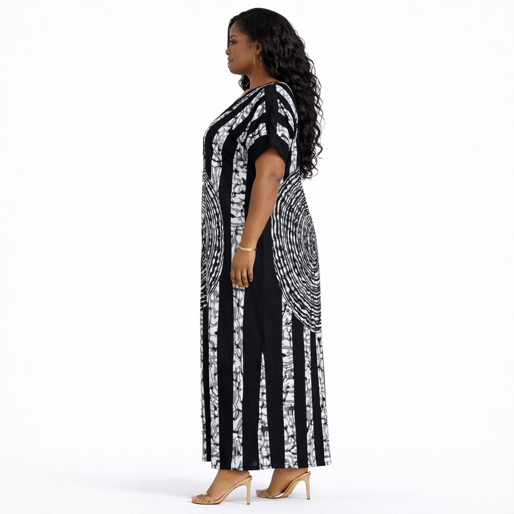 Premium Black and White Patterned Maxi Kaftan Dress