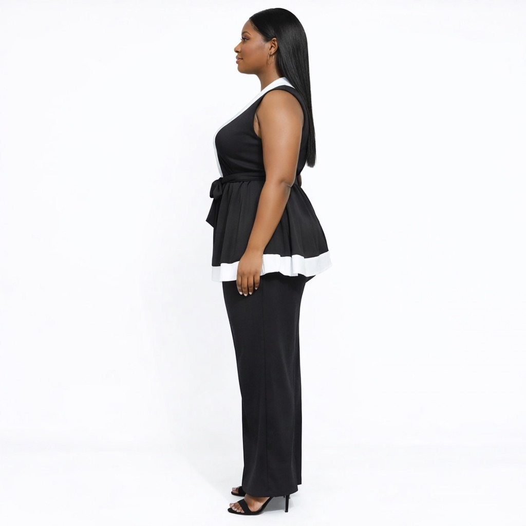 Premium Black Sleeveless Belted  Peplum Top and Straight Leg Pants set