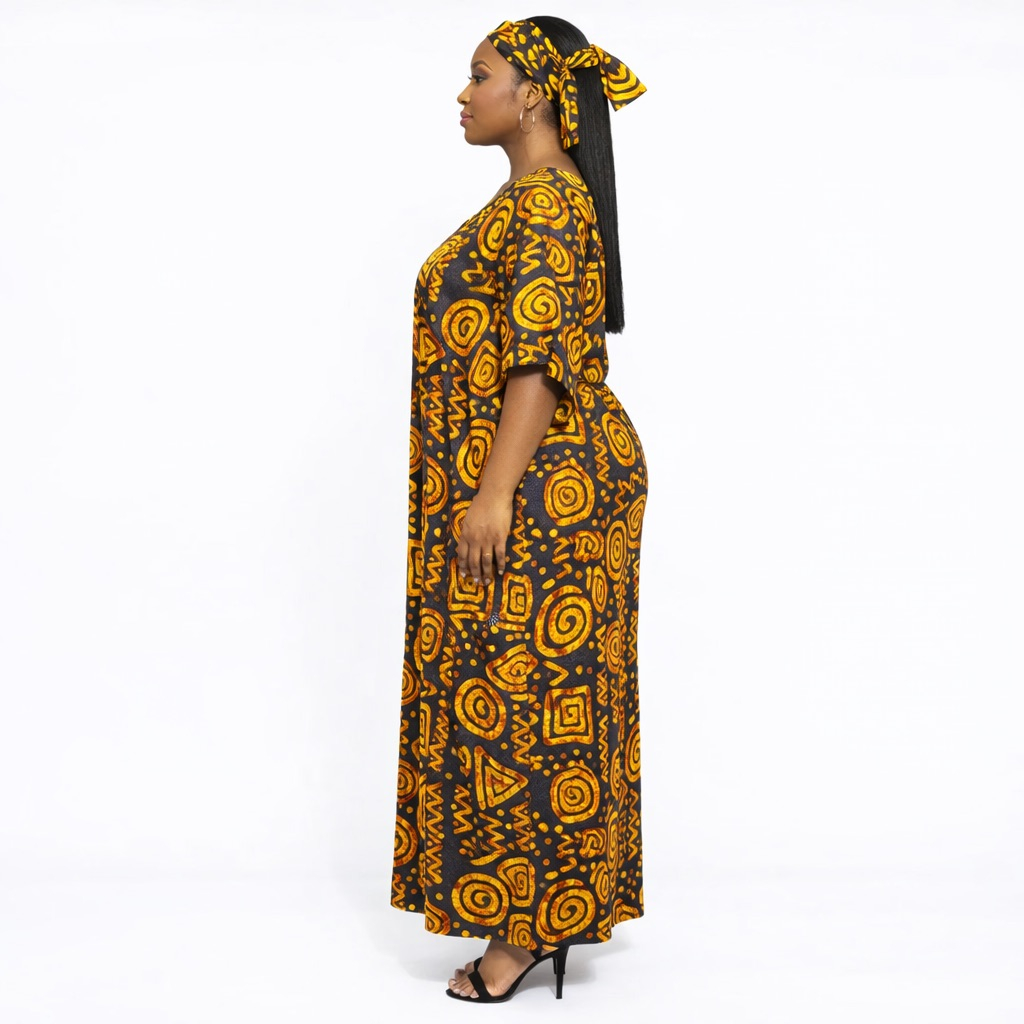Premium Short Sleeve Ankara Print Maxi Dress with Headscarf