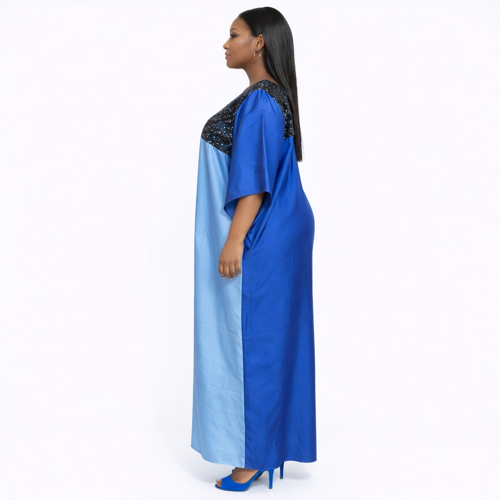 Premium Blue Gradient Embellished Neckline Flowing Kaftan Dress
