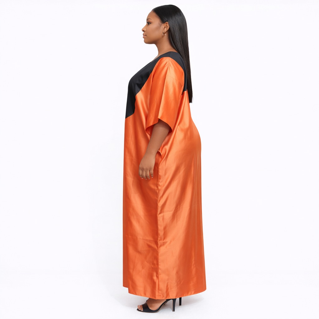 Premium Orange Satin V Neck panel Kaftan Dress
