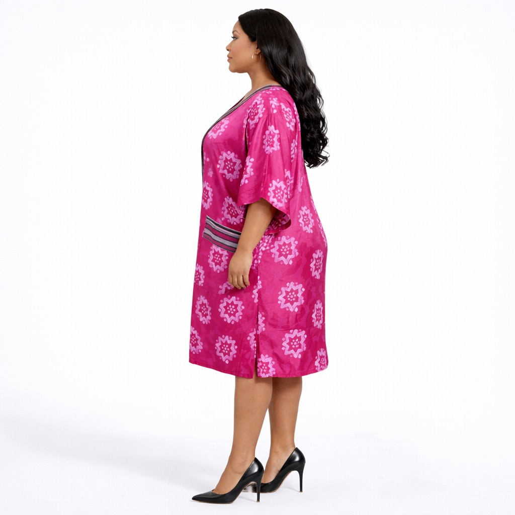 Premium Pink V Neck Tribal Print Kaftan Dress