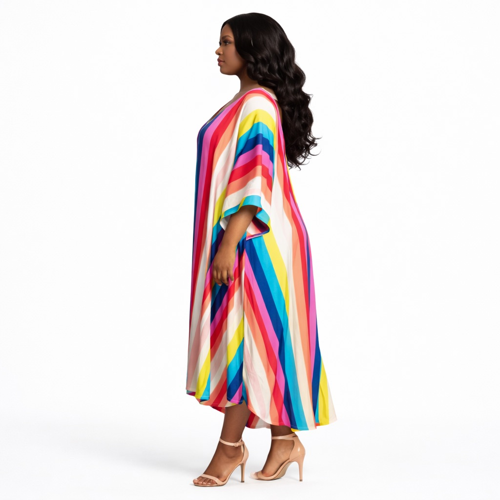 Premium Rainbow Stripe Loose Fit Kaftan Midi Dress with  Open Back Bow Detail