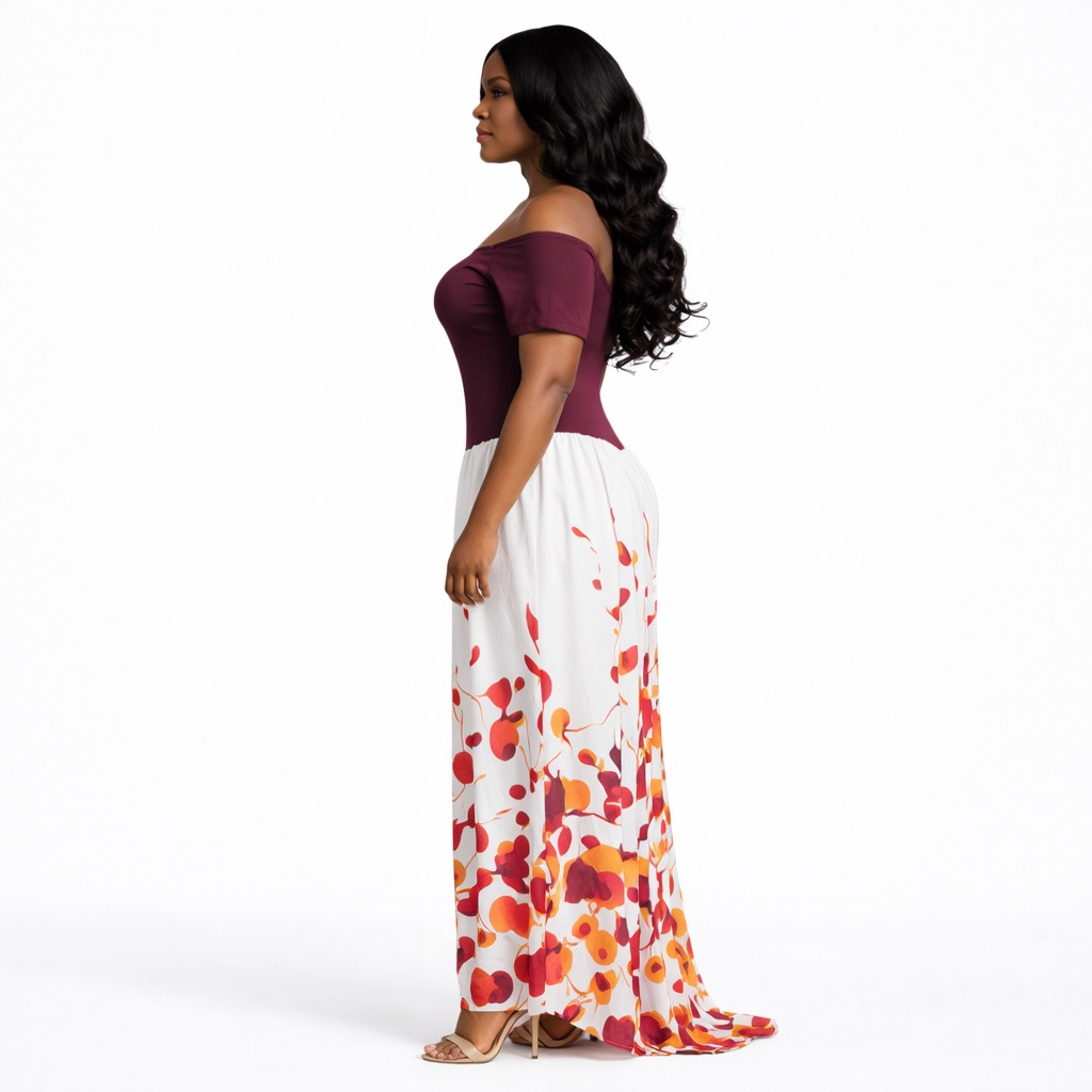 Premium Off Shoulder Two Tone Maxi Dress with  Floral Print Skirt