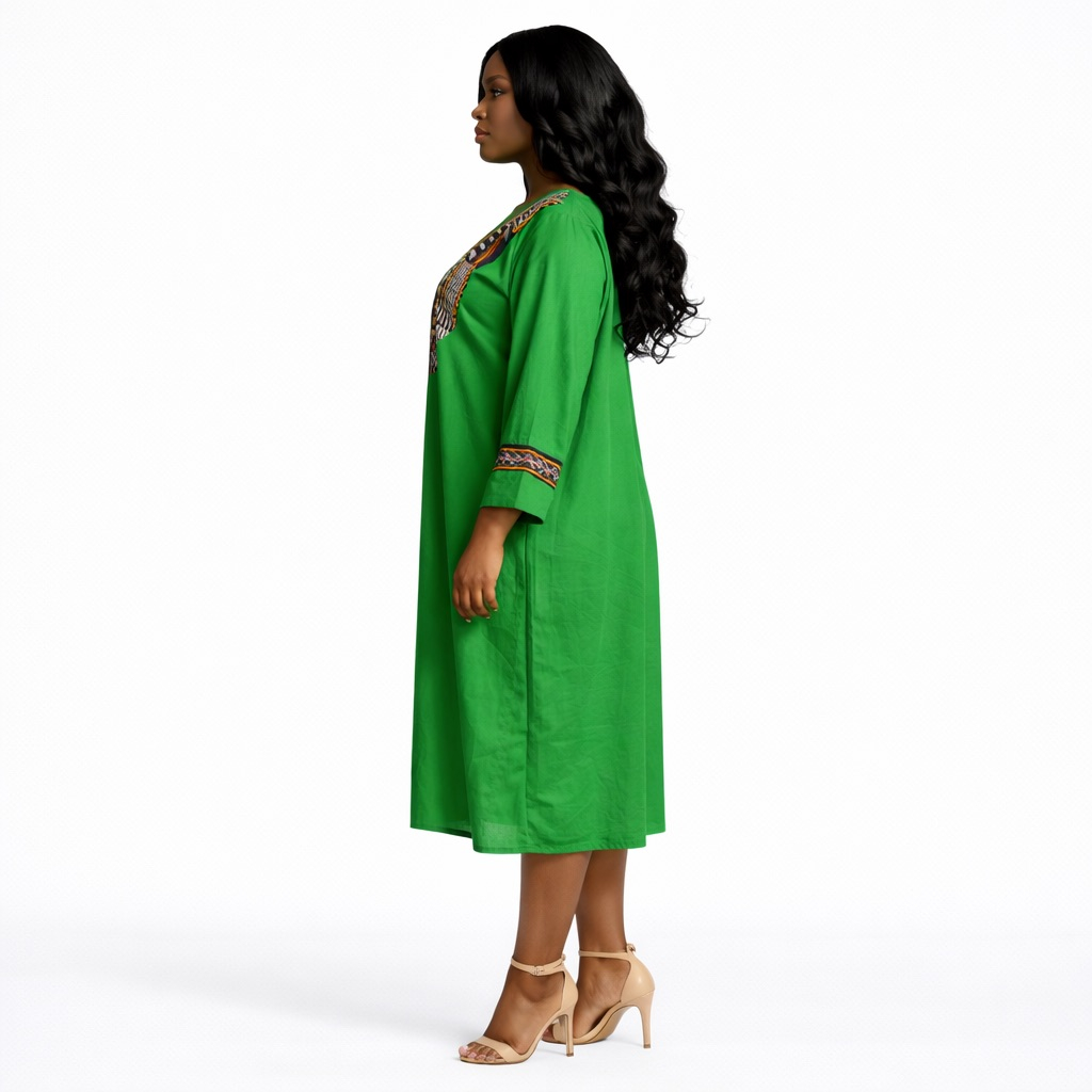 Premium Green Ankara Patch Detail Loose  Fit Midi Kaftan Dress