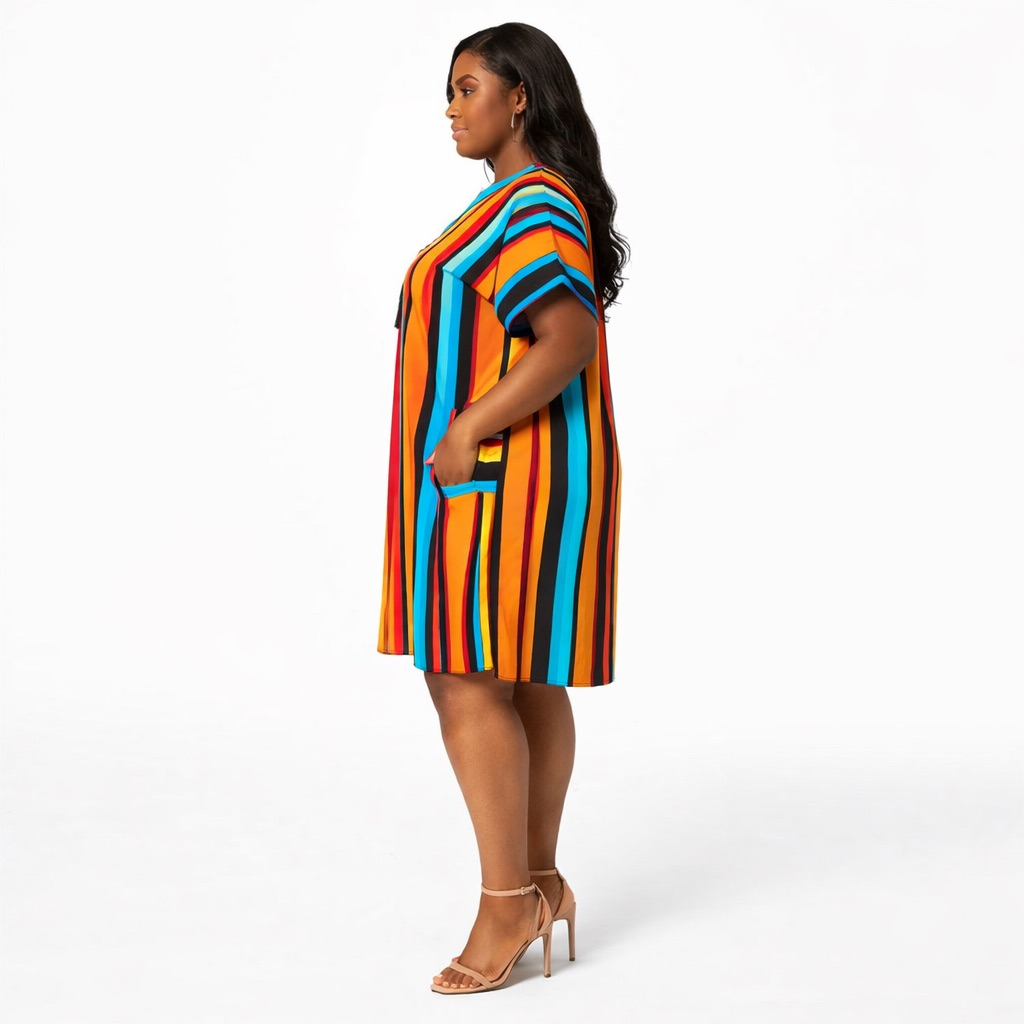 Premium Multicolor Vertical Stripe Loose Fit Midi Kaftan Dress with  Tassel Detail