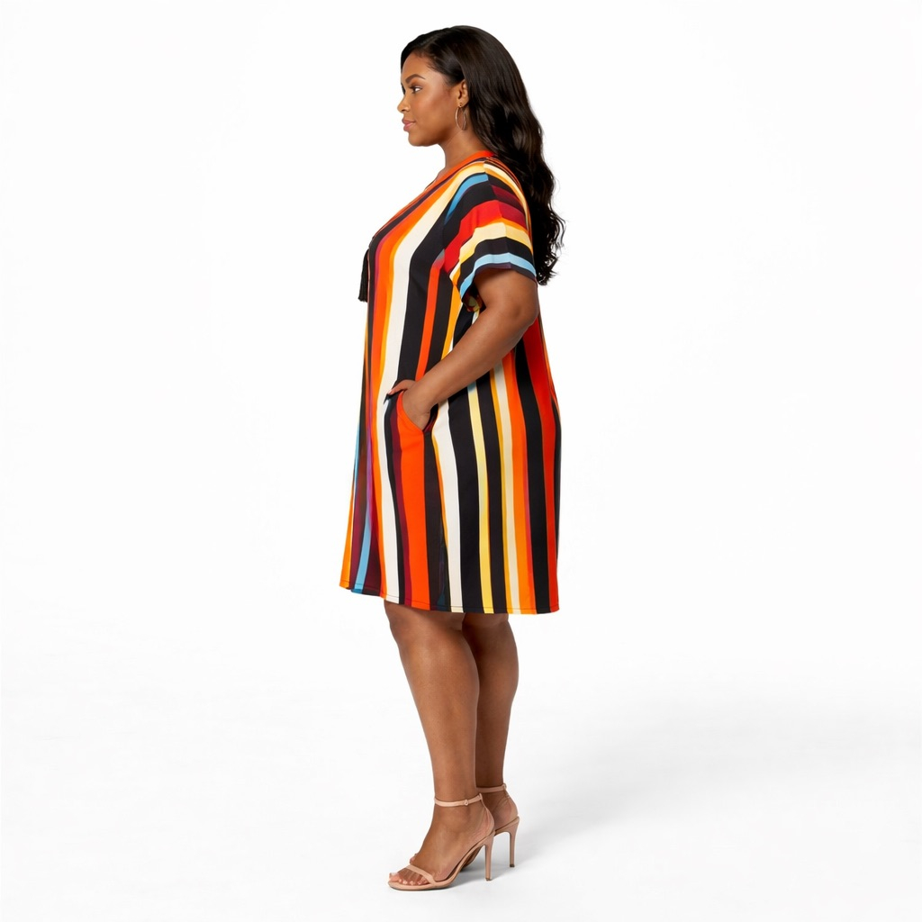 Premium Multicolor Vertical Stripe Loose Fit  Midi Kaftan Dress with Tassel Detail and Side Pockets