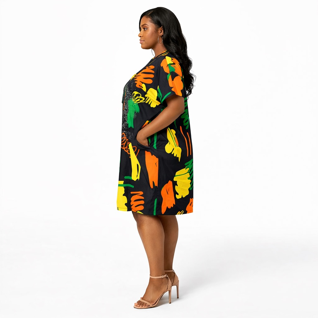 Premium Abstract Brush Print Loose Fit Midi Kaftan Dress  with Side Pockets