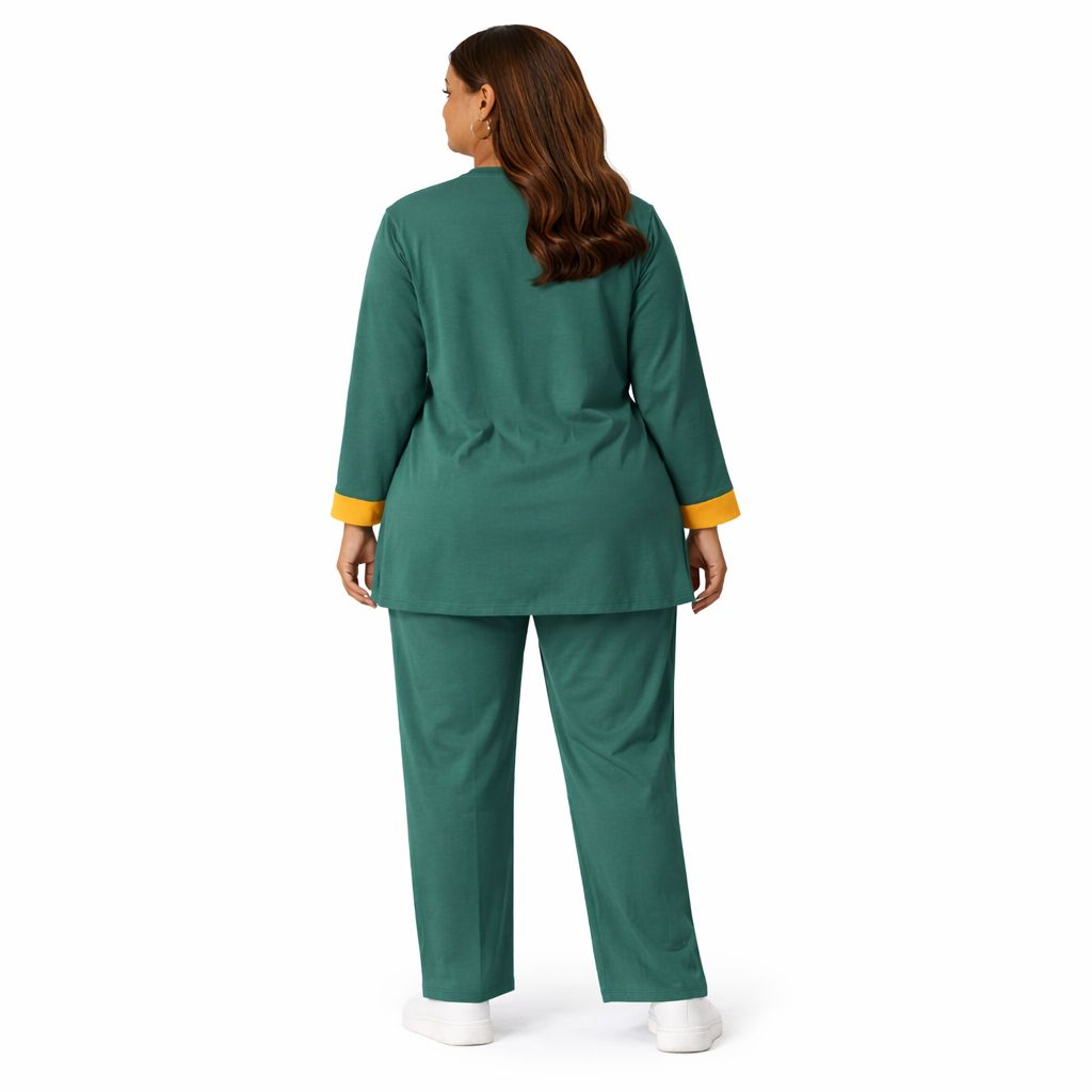 Green and Mustard Button Detail Co Ord Set Casual Two Piece Outfit