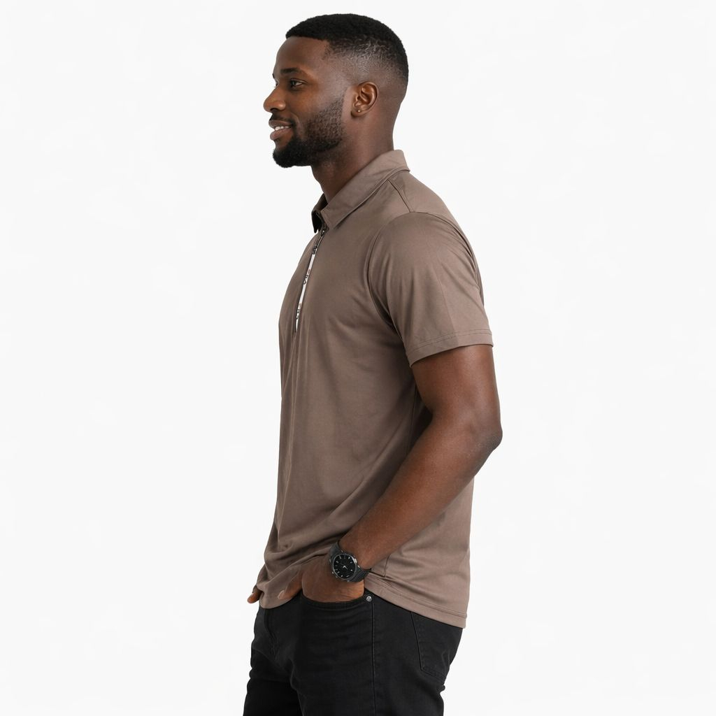 Mens Brown Half Zip Polo Shirt