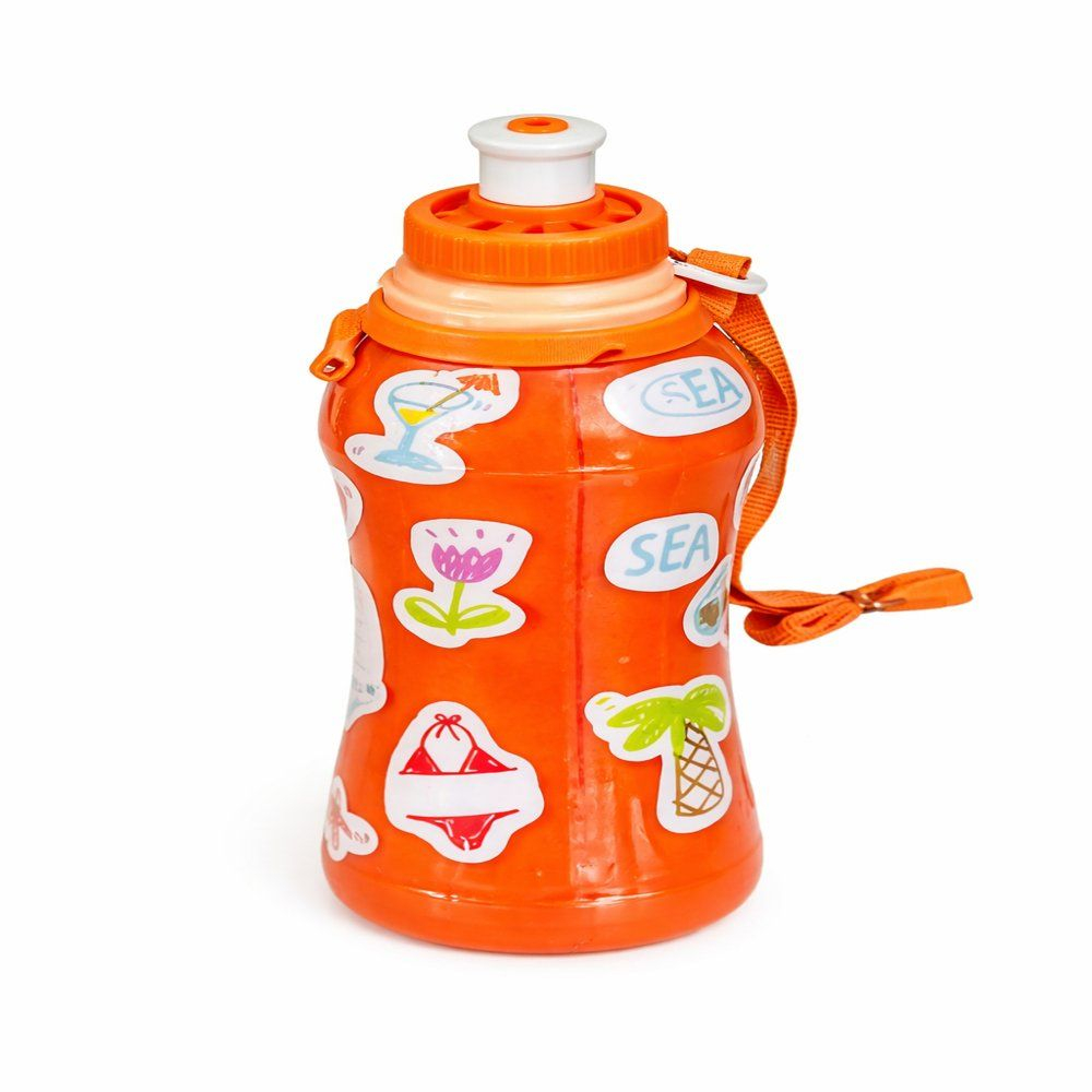 Orange Kids Water Bottle with Fun Cartoon Print and Carry Strap