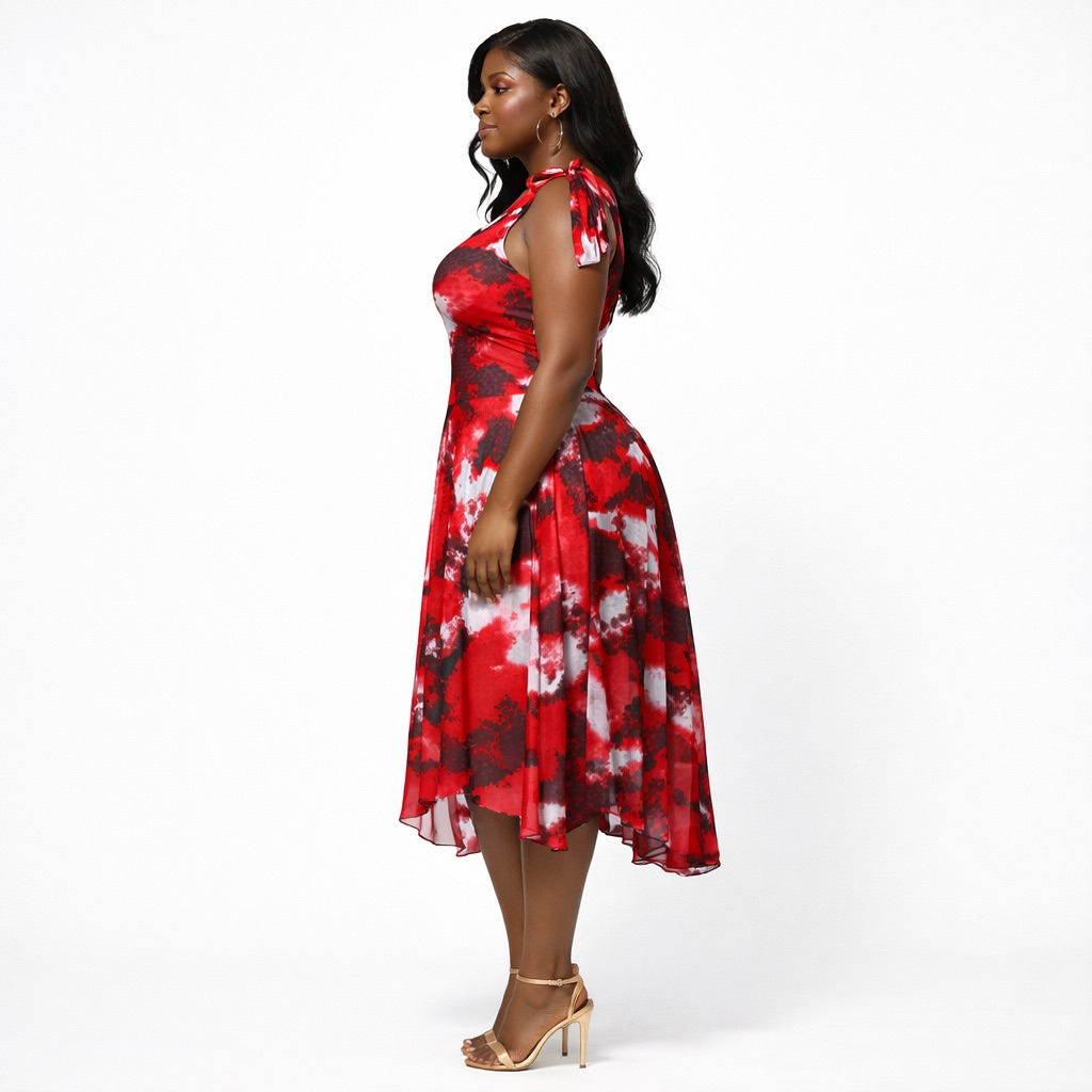 Elegant Red Abstract Print One Shoulder Flared  Midi Dress with Tie Strap Detail