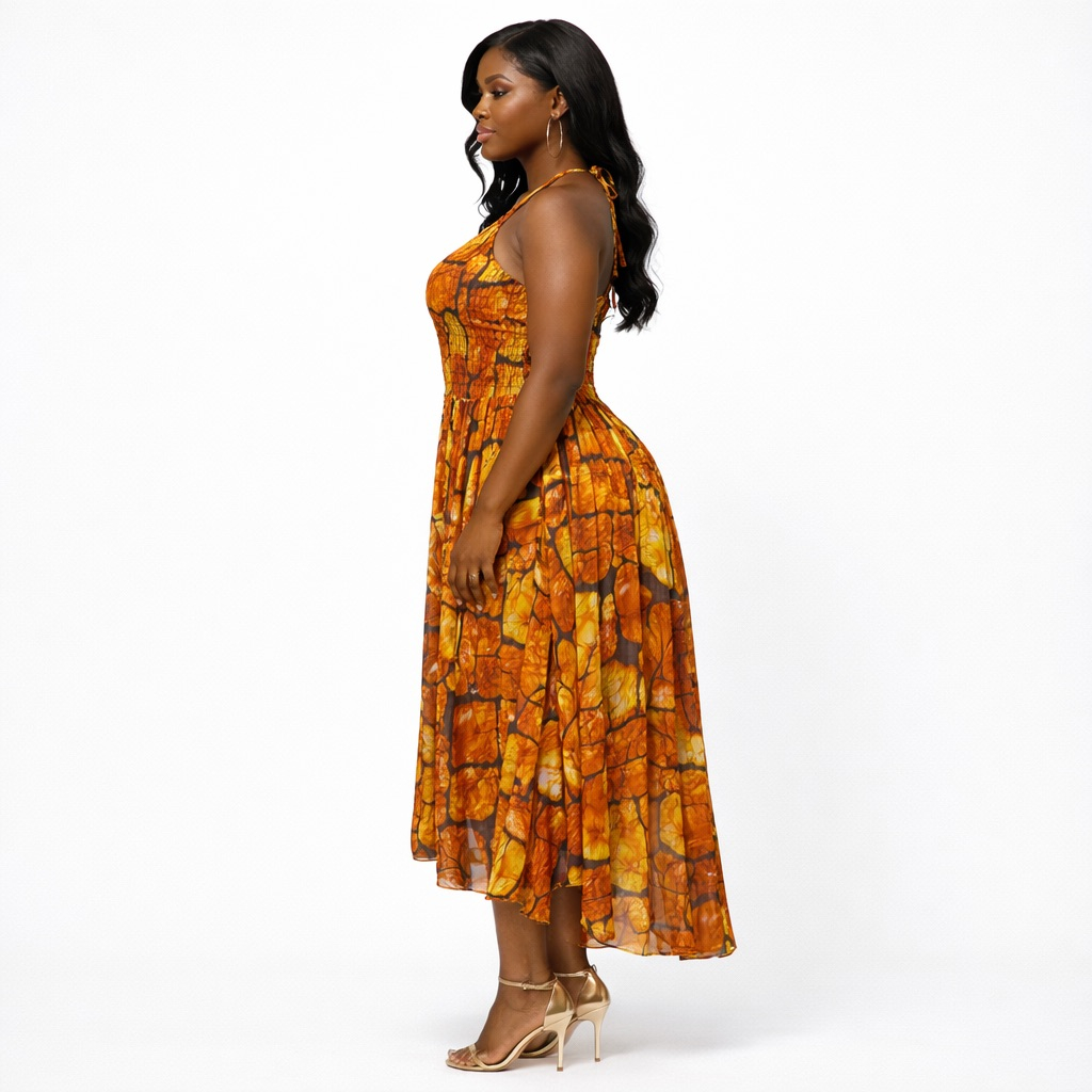 Elegant Orange  Mosaic Print Halter Neck Flared Midi Dress with  Smocked Waist