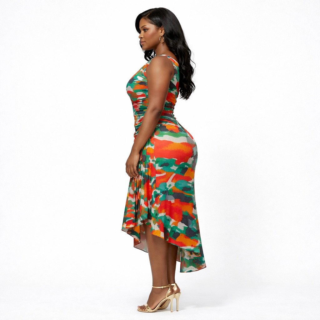 Elegant Multicolor  Abstract Print Ruched Midi Dress with  Asymmetrical Hem