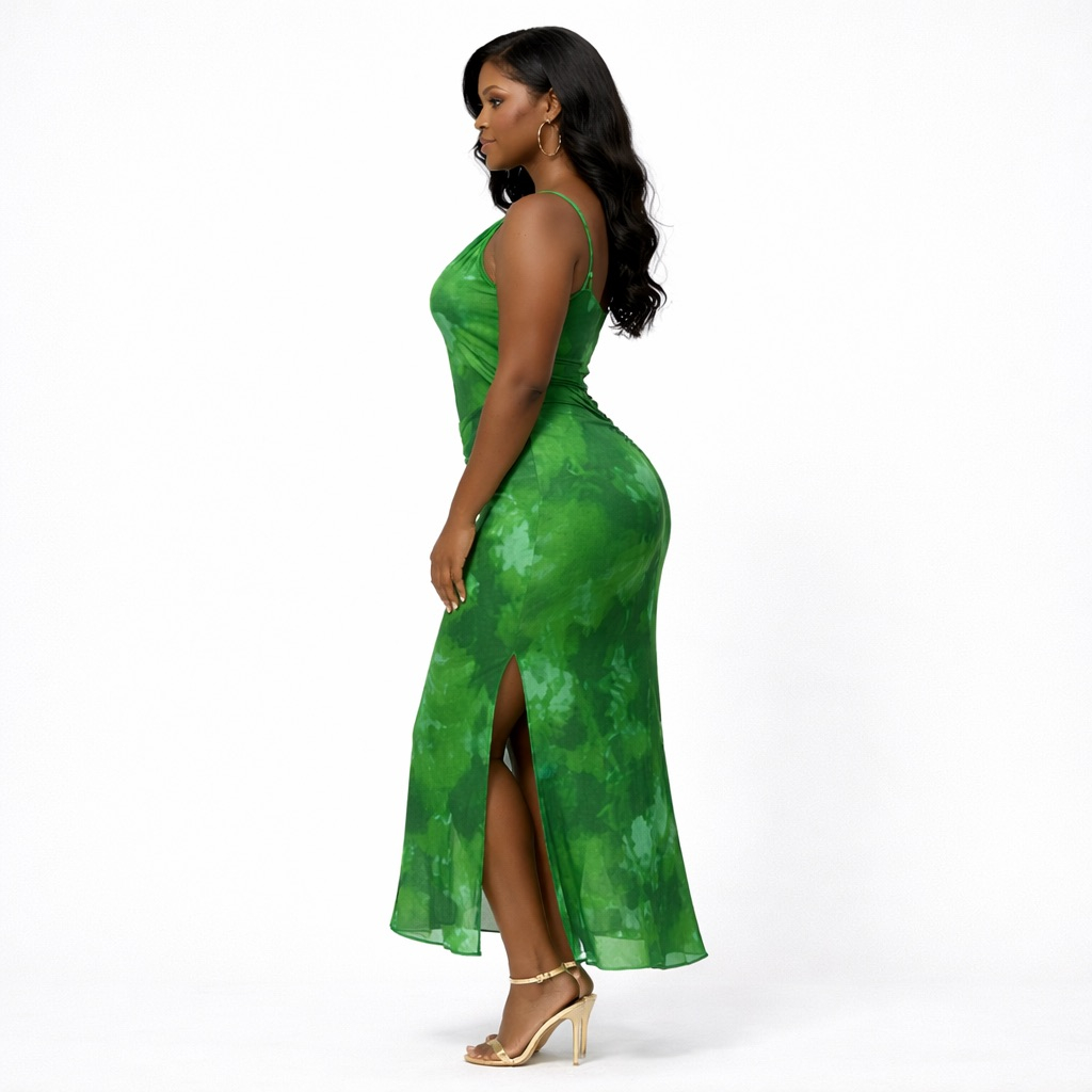 Elegant Green Ruched  Maxi Dress with Cowl Neck and  Spaghetti Straps
