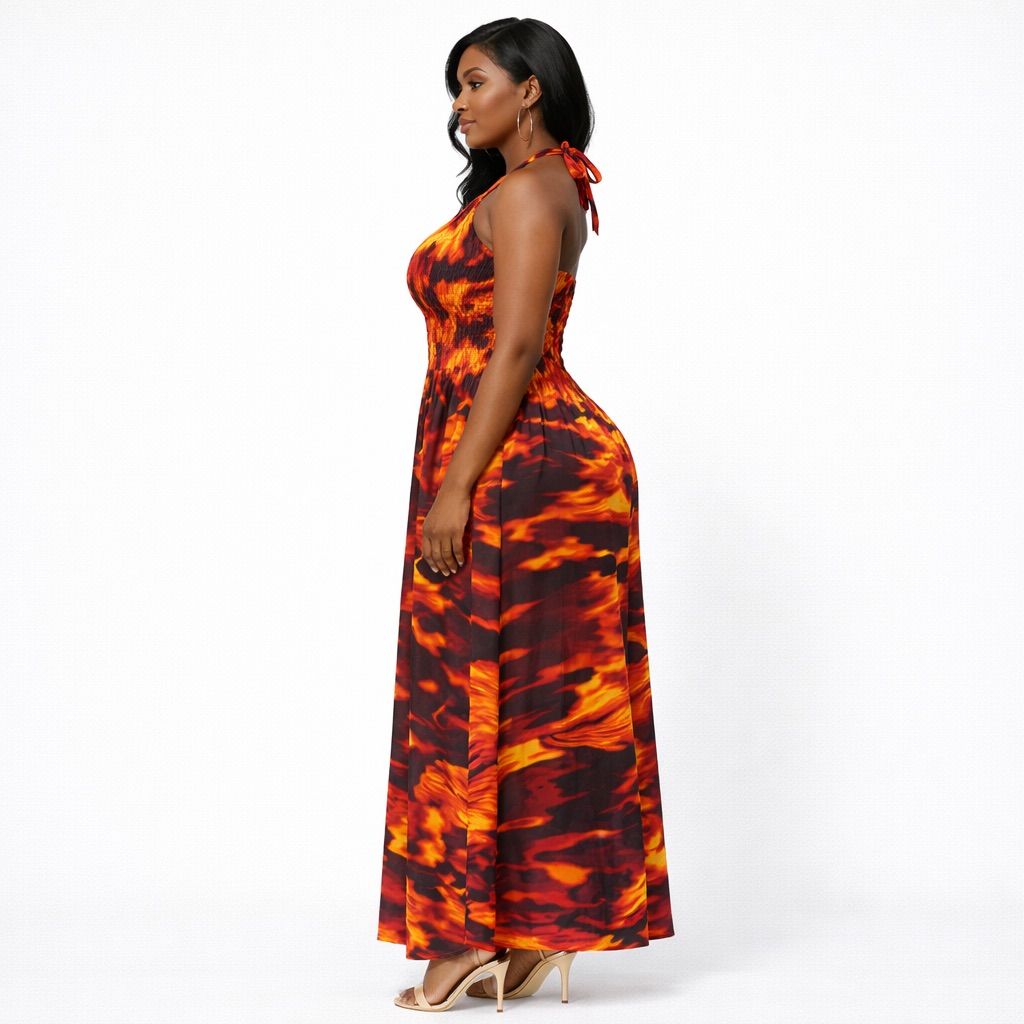 Vibrant Flame Print Halter Neck Maxi Dress with  Smocked Bodice