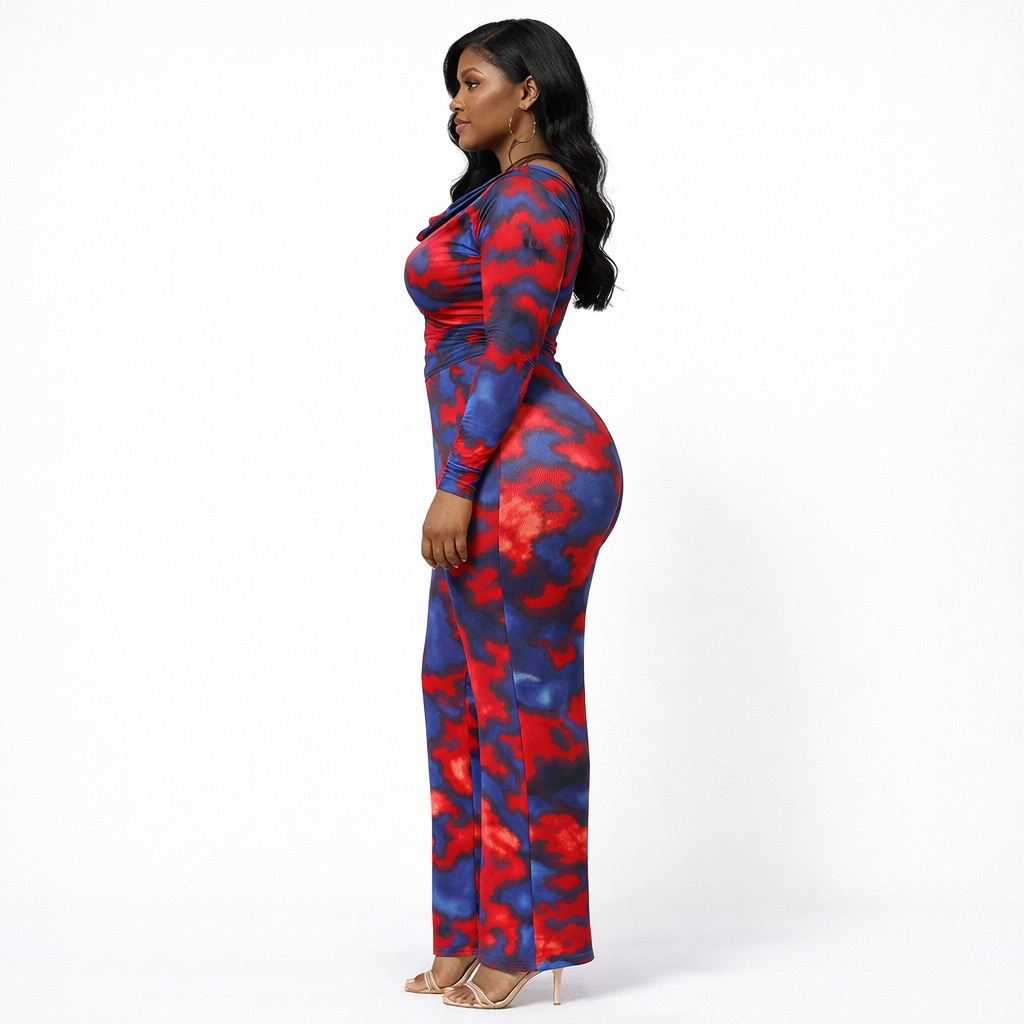 Chic Red and Blue Abstract Print Long Sleeve  Jumpsuit  with Cowl Neck