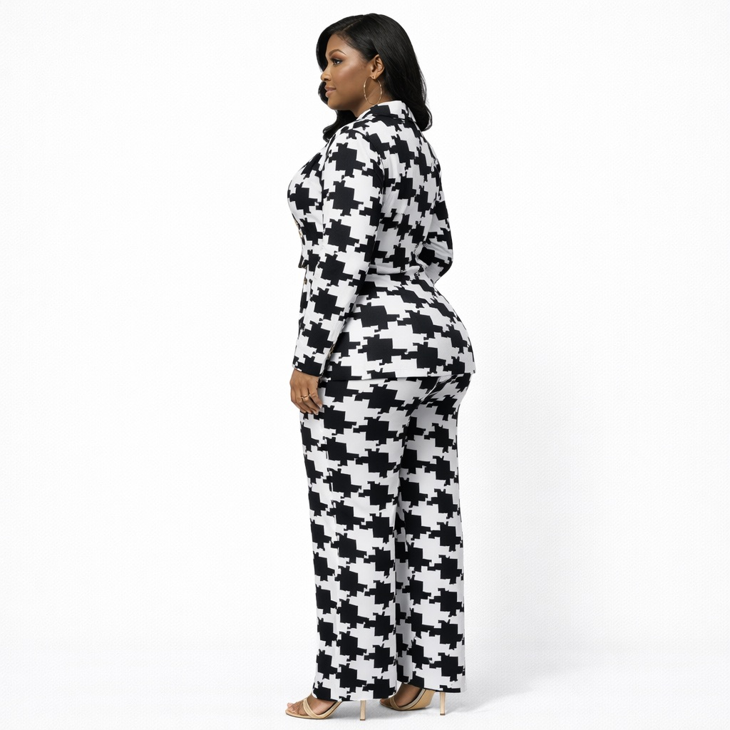 Elegant Black and White Houndstooth Two Piece Suit Set with  Blazer and Straight Leg Pants