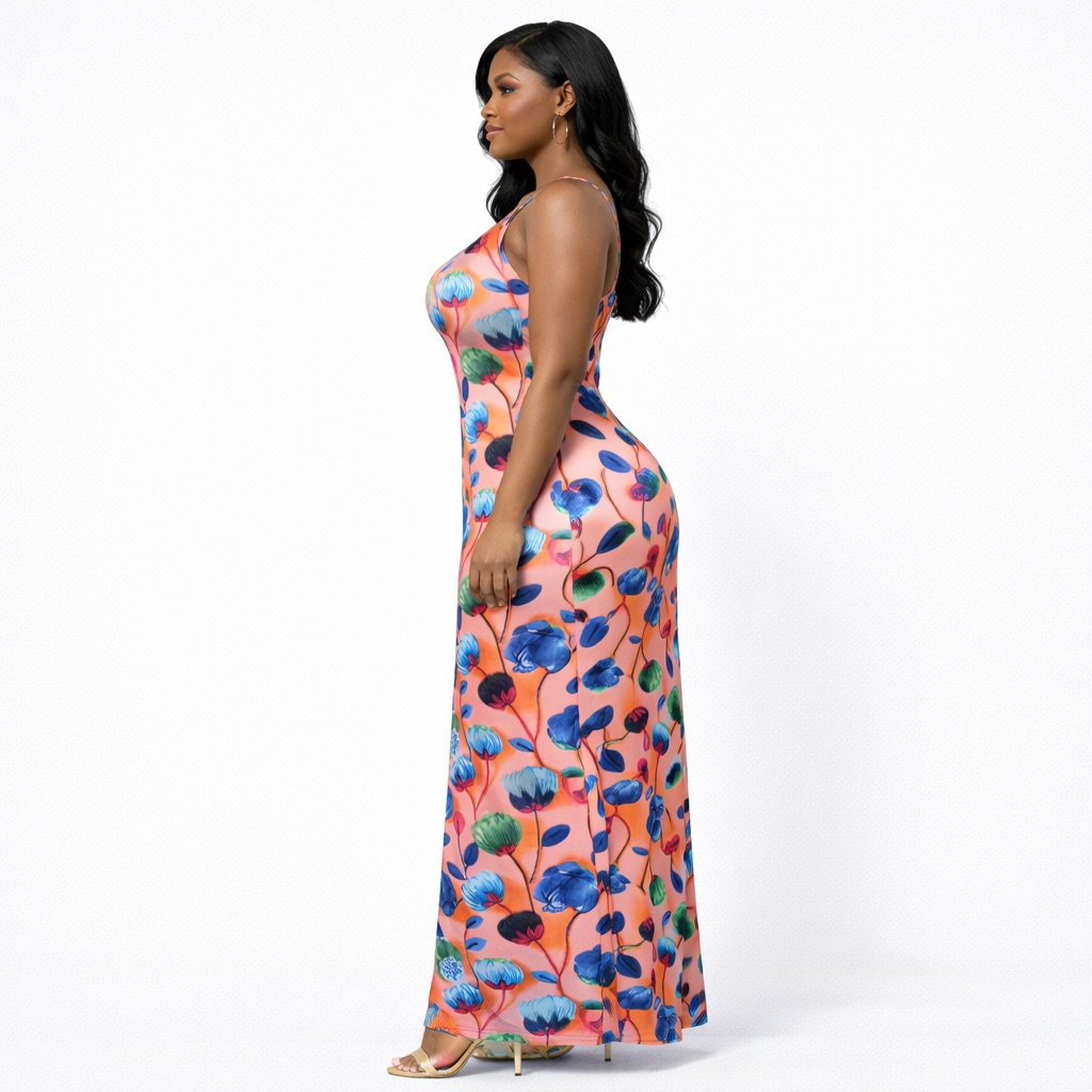 Elegant Peach Floral Bodycon Maxi Dress with  Spaghetti Straps