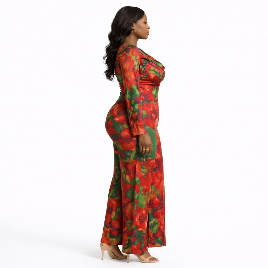 Bold Red and Green Abstract Print Long Sleeve Jumpsuit  with Cowl Neck