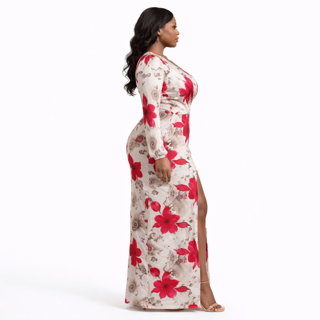 Elegant Cream and Red Floral Wrap Maxi Dress with  Long Sleeves and Front Slit