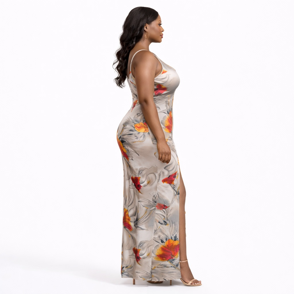 Elegant Grey Floral Bodycon Midi Dress with Cowl Neck and  Spaghetti Straps