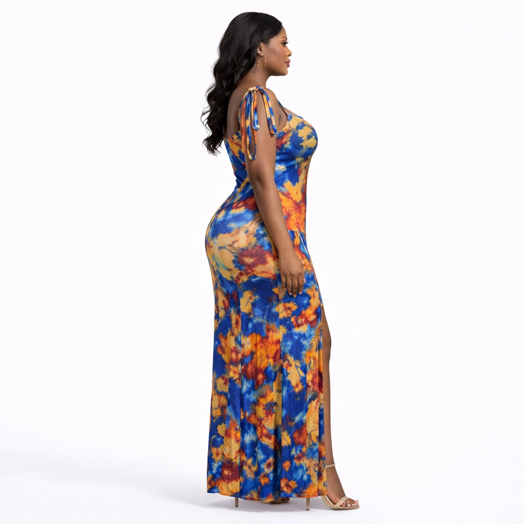 Vibrant Blue and Yellow Abstract Print Maxi Dress with  Tie Shoulder Straps